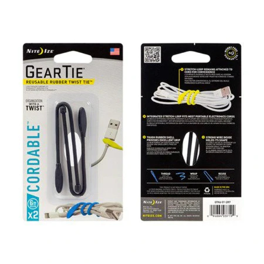 Gear Tie® Cordable™ Twist Tie 6’ - Nite Ize Black (2Pc) Tools