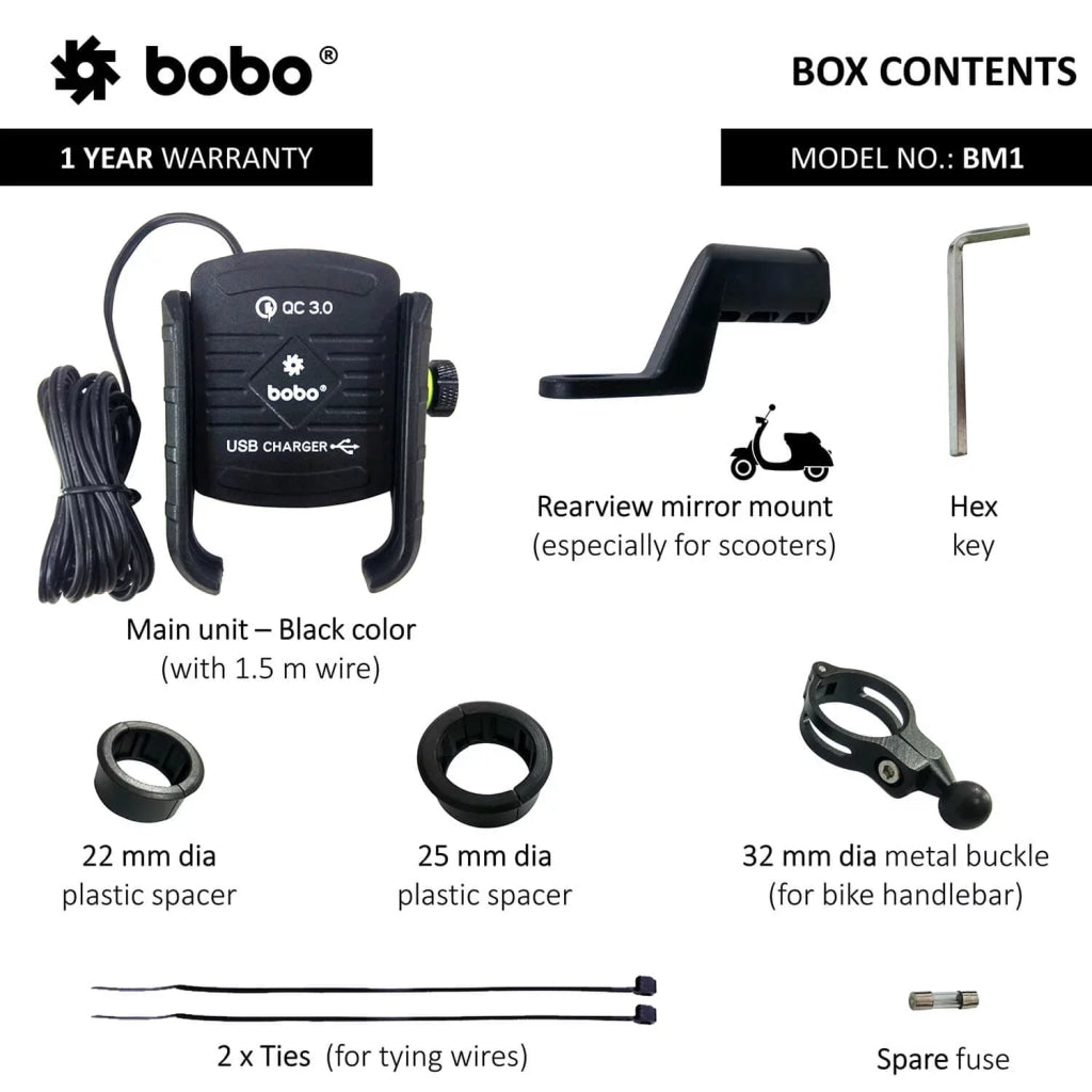 Bobo Bm1 Jaw Bike Mount For Mobile (Fast Usb 3.0 Charger Black) Phone Mounts