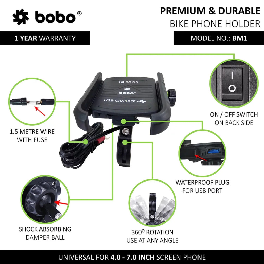 Bobo Bm1 Jaw Bike Mount For Mobile (Fast Usb 3.0 Charger Black) Phone Mounts