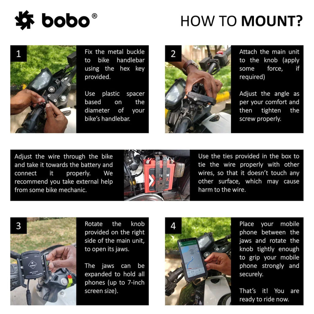 Bobo Bm1 Pro Jaw-Grip Bike Phone Holder With Fast Usb 3.0 Charger (Black) Mounts