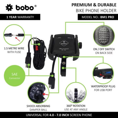 Bobo Bm1 Pro Jaw-Grip Bike Phone Holder With Fast Usb 3.0 Charger (Black) Mounts