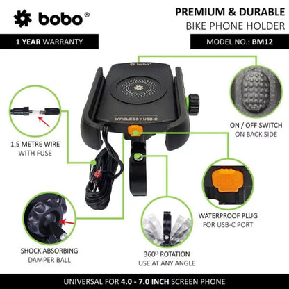 Bobo Bm12 Bike Phone Holder (With Fast 15W Wireless Charger & Usb-C Input/Output Port) (Black)