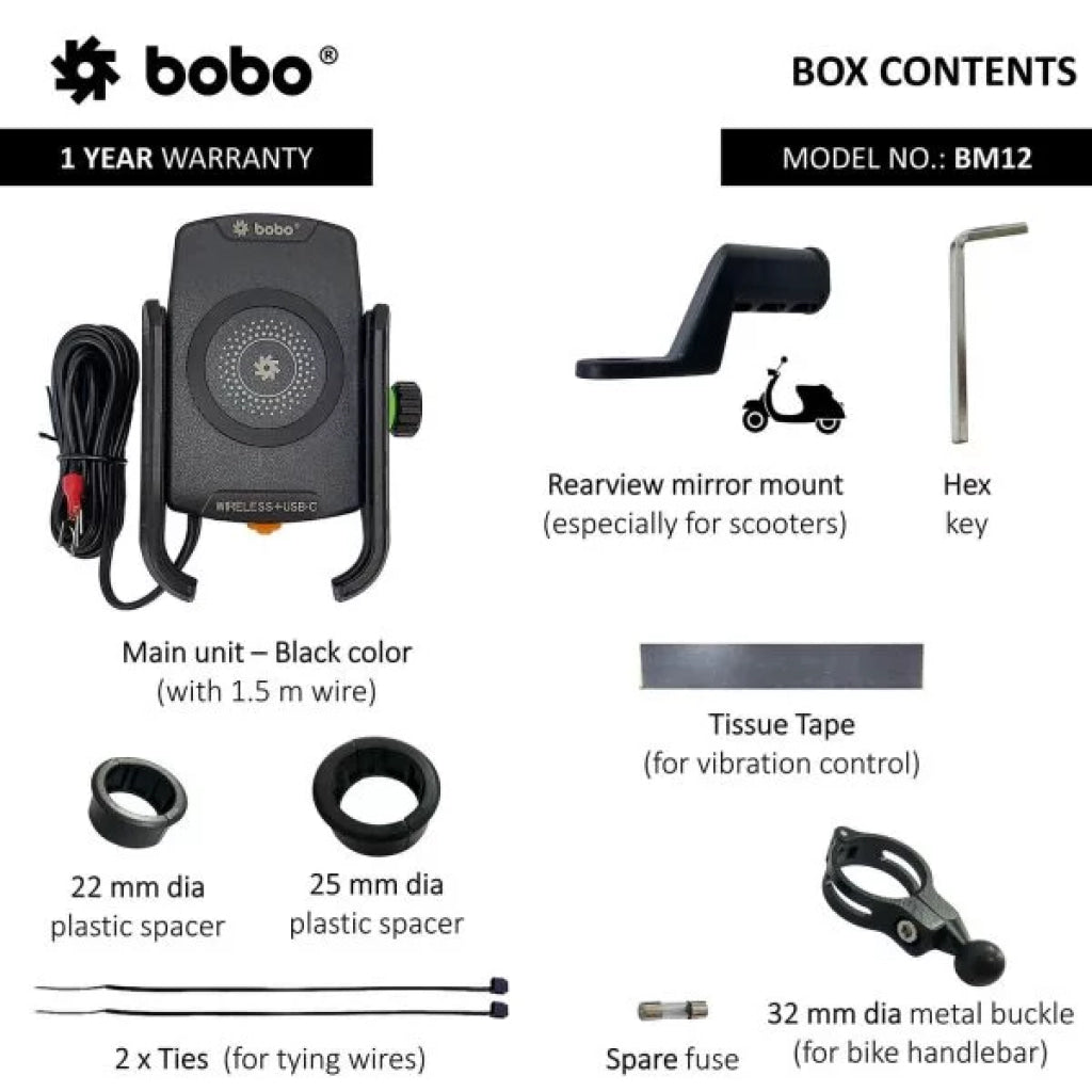 Bobo Bm12 Bike Phone Holder (With Fast 15W Wireless Charger & Usb-C Input/Output Port) (Black)