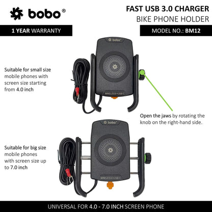 Bobo Bm12 Bike Phone Holder (With Fast 15W Wireless Charger & Usb-C Input/Output Port) (Black)