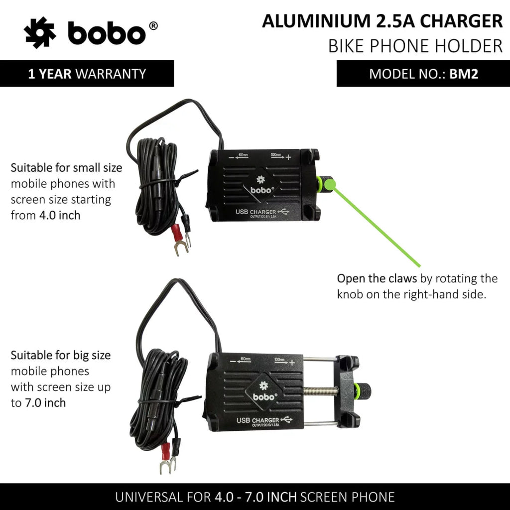 Bobo Bm2 Aluminium Mobile Phone Holder Mount With 2.5A Usb Charger (Black) Mounts